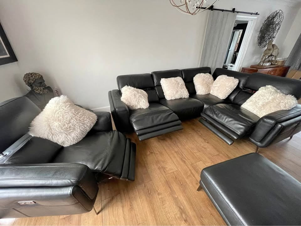 Drak Brown Leather Corner Sofa + Matching Armchair + Footstool (PTP)