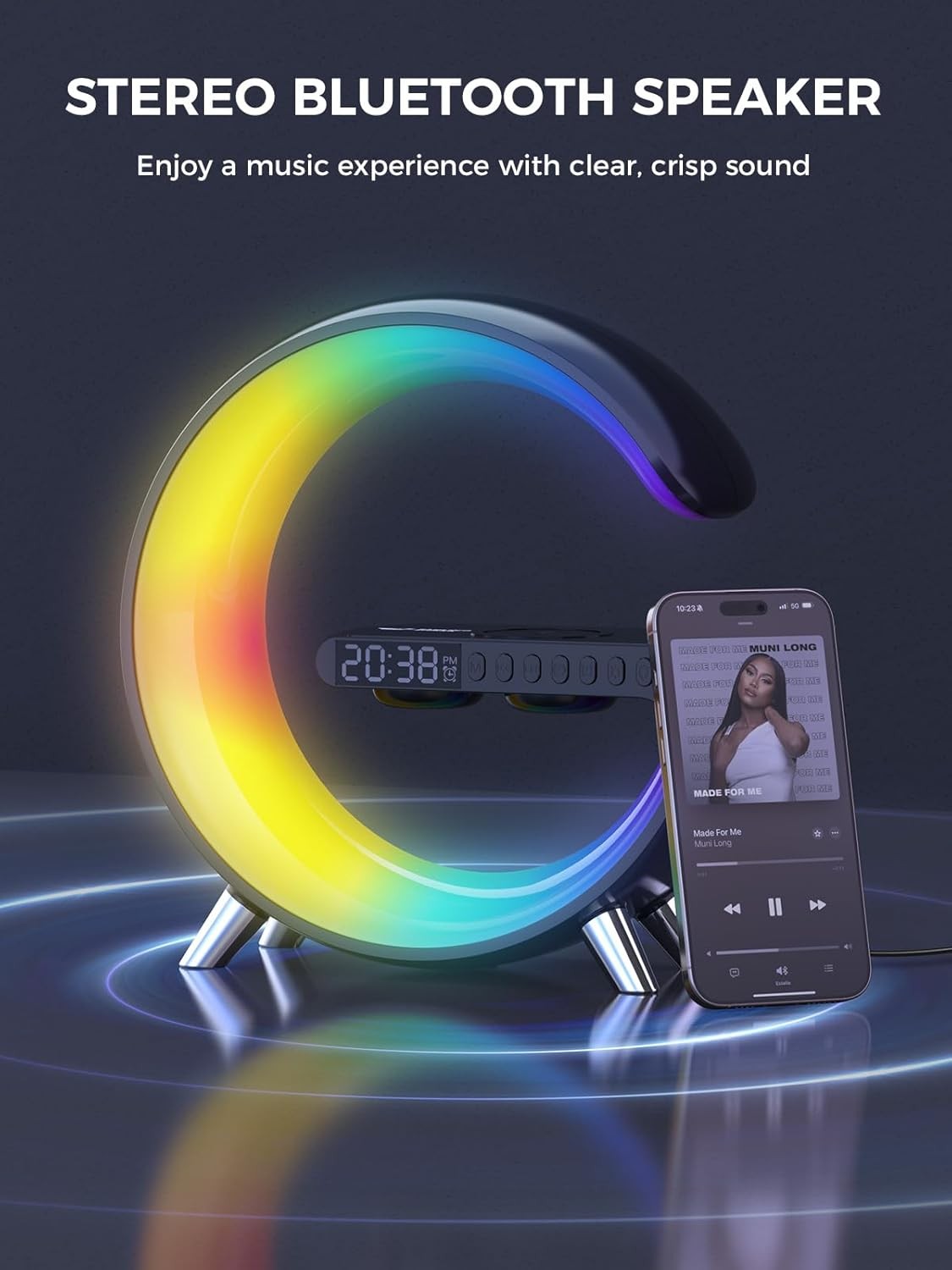 Black RGB G-Shape Sunrise Wake Up Light Alarm Bluetooth Speaker Wireless Charger