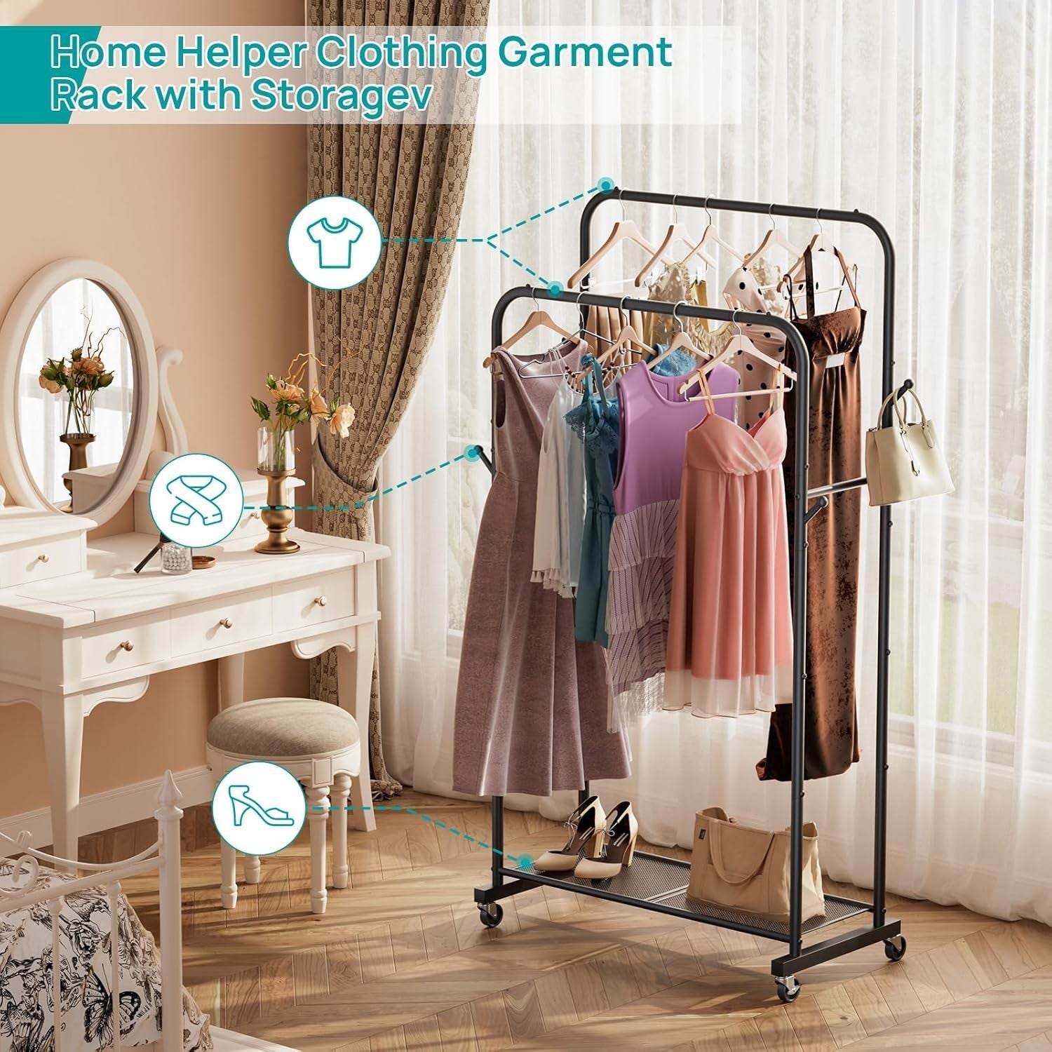 Heavy Duty Clothes Rail with Wheels & Shelf – Black 43×91×145cm