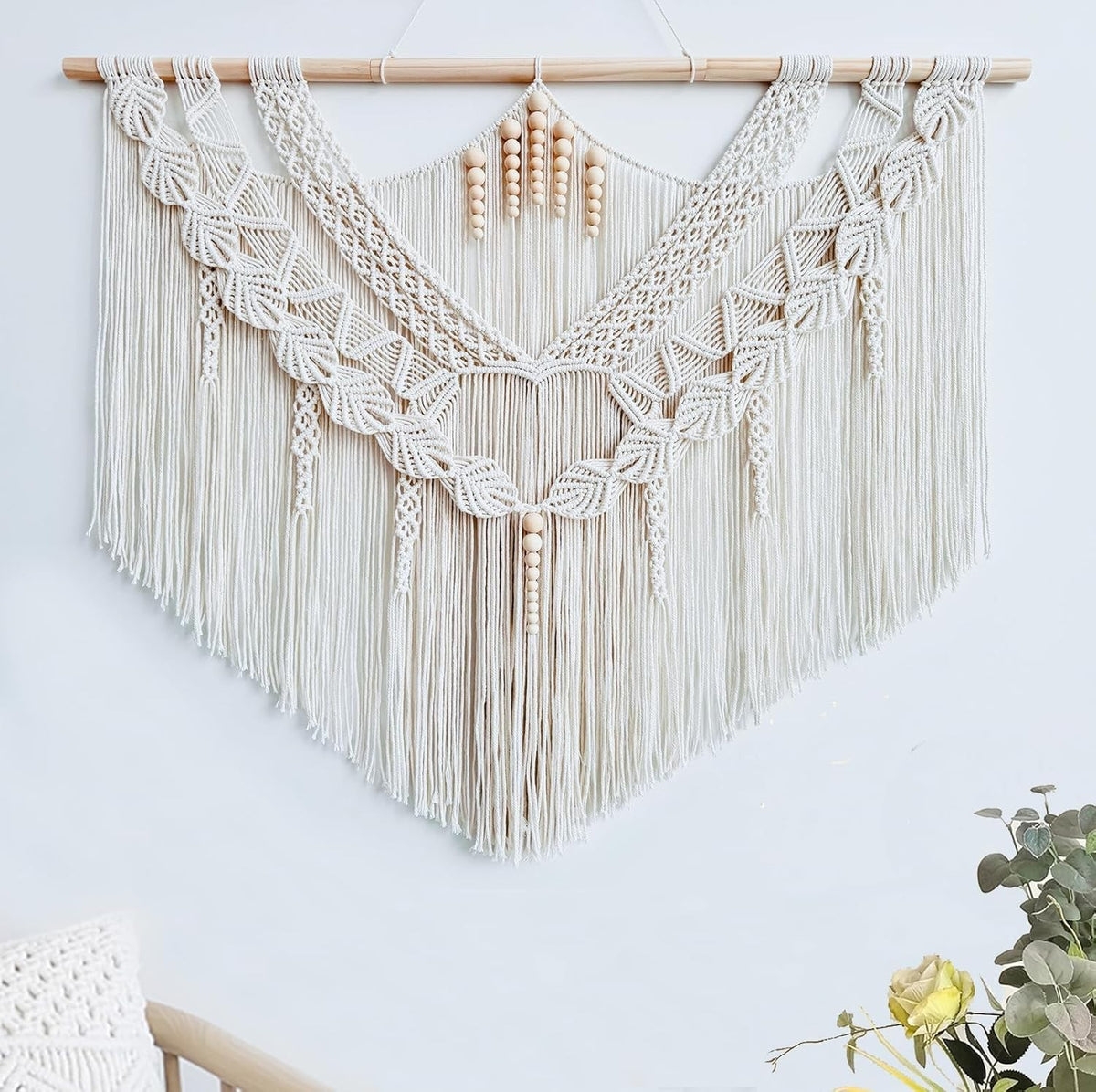 Large Boho Macrame Wall Hanging 43"x32" Cotton Tapestry w/ Beads