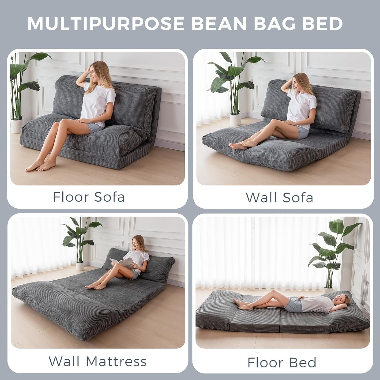 Charcoal Folding Floor Sofa Bed Chair 4 Fold Lounger Washable Cover 75x240