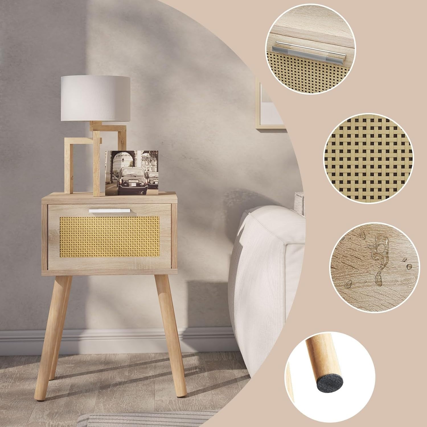 Natural Rattan Bedside Tables Set of 2, Modern Wood Nightstands with Drawer