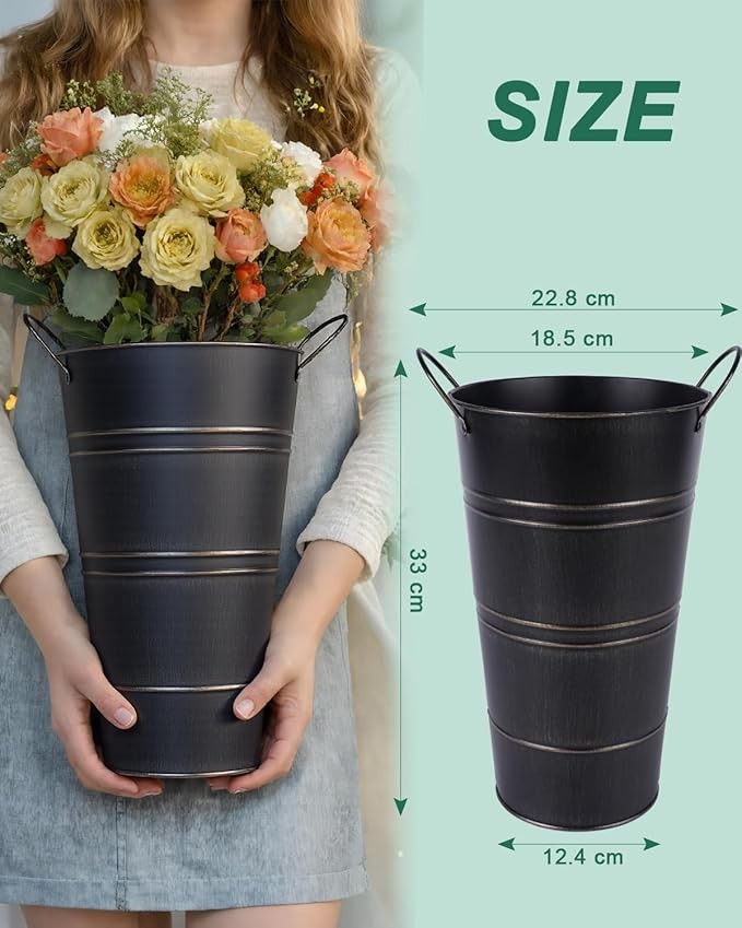 12 Inch Black Galvanized Metal Flower Vases Set of 2 Rustic Bucket Planters