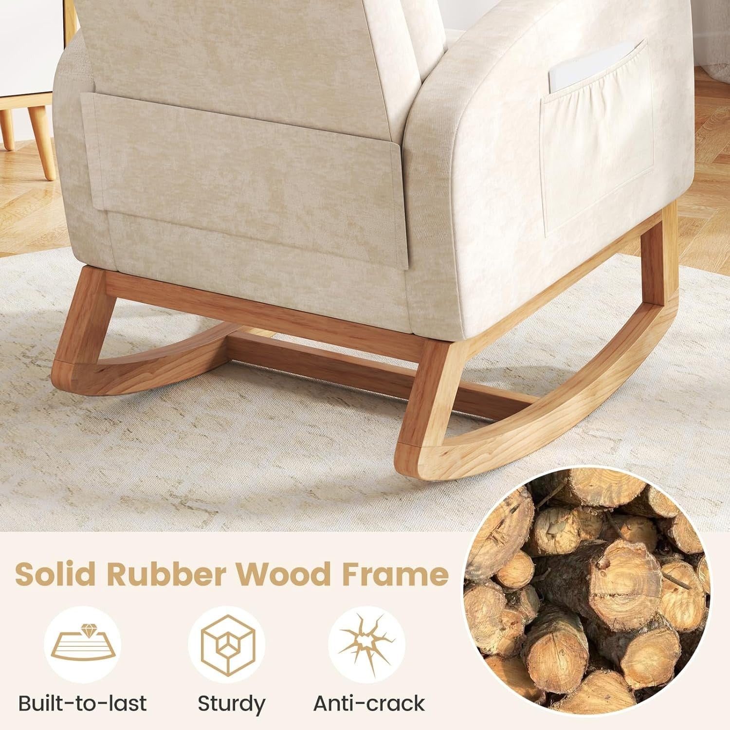 Modern Rocking Armchair w/ Soft Chenille, Side Pocket, Wood Base, 92cm