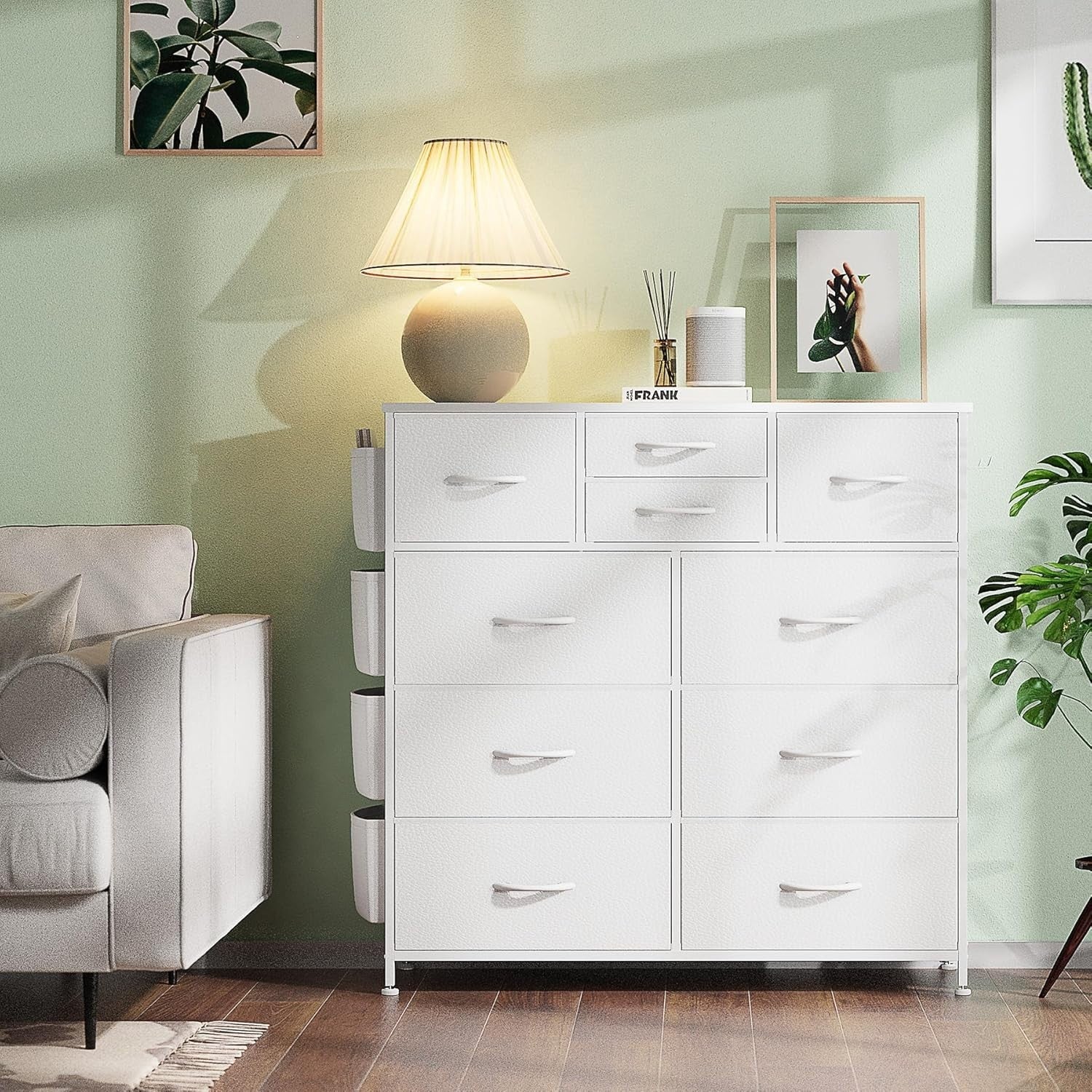 White 10-Drawer Tall Chest Fabric Drawers with Side Hooks & Storage Pockets