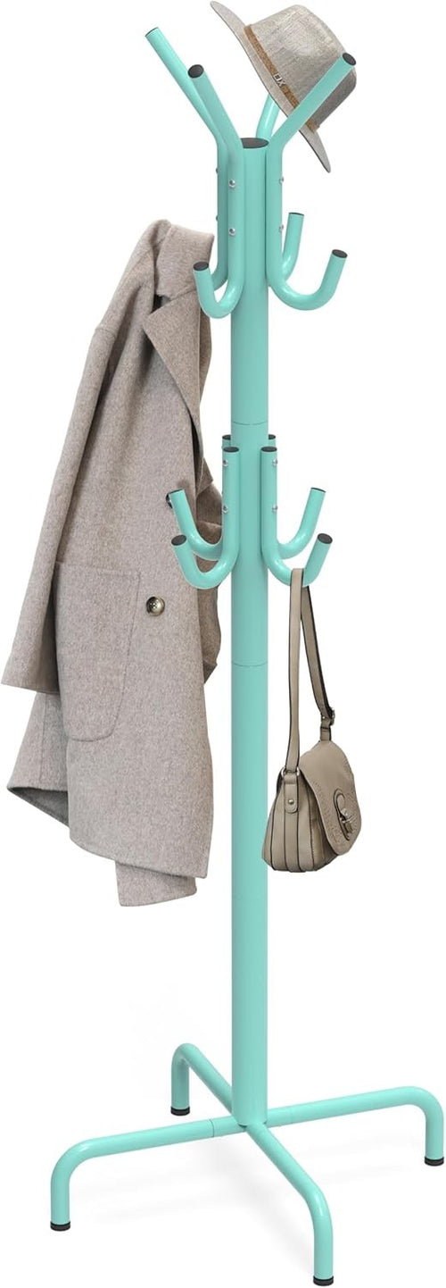 Standing Coat Rack with 12 Hooks | Turquoise Metal Hat & Scarf Organizer