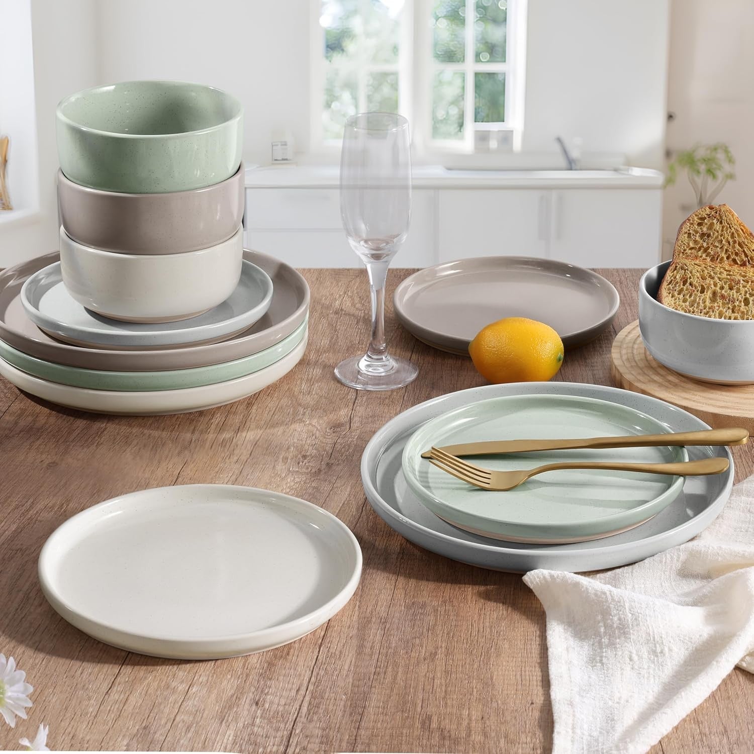 12pc Stoneware Dinnerware Set Plates Bowls Speckled Multicolor for 4