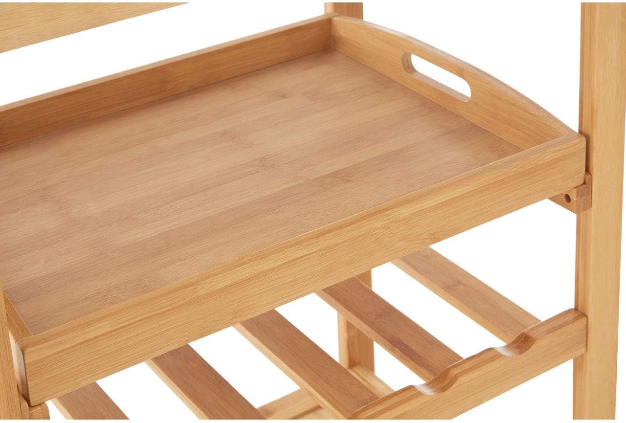 Wooden Kitchen Trolley Rolling Storage Cart Bamboo Shelves Drawer Wheels