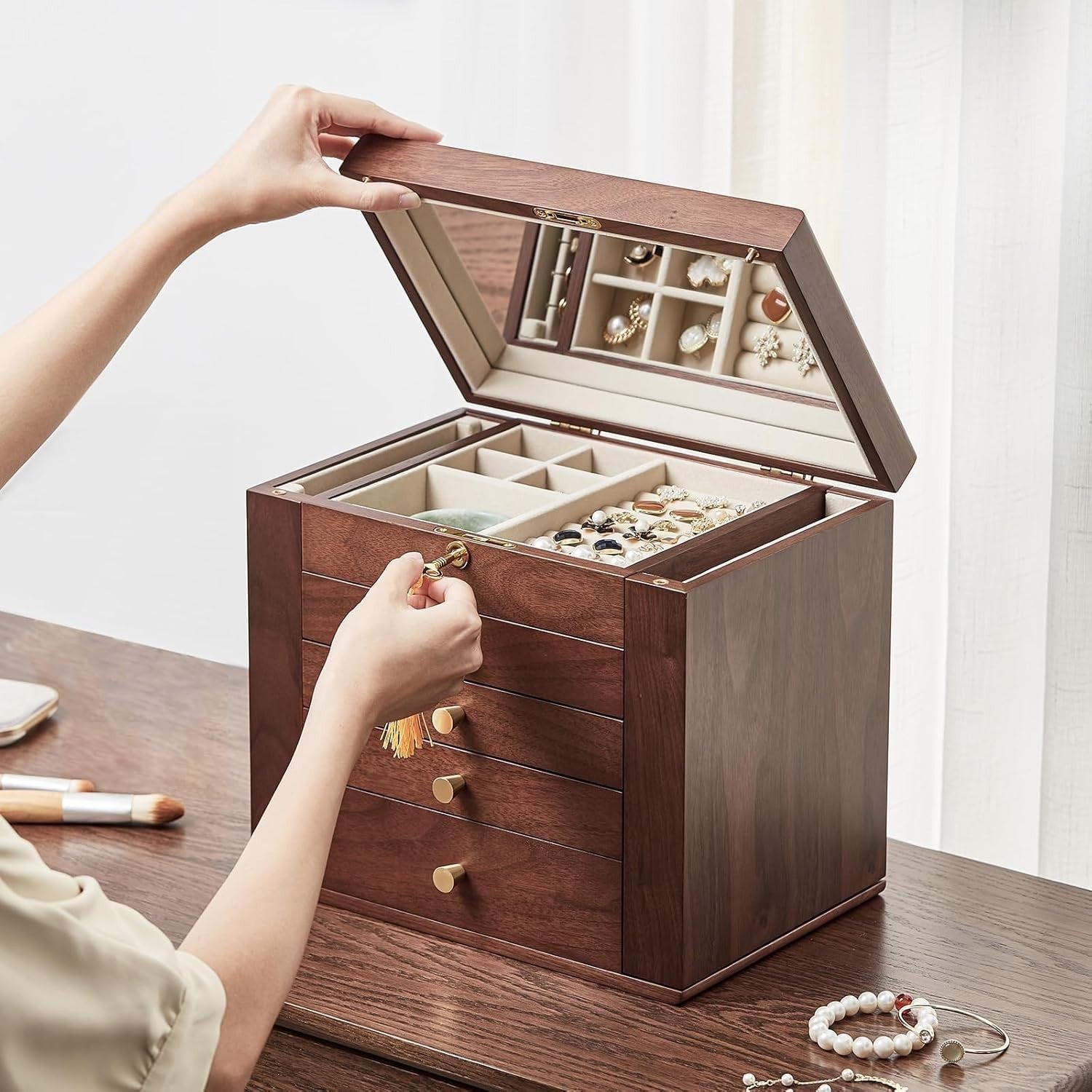 Walnut Wooden Jewelry Box Lockable Mirror 5 Layer Luxury Storage Case