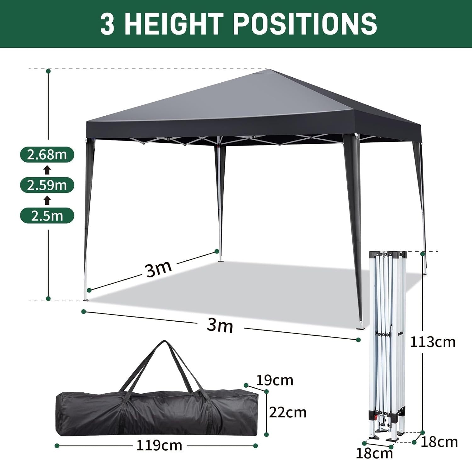 3x3M Grey Pop Up Gazebo with Sides Waterproof Outdoor Garden Party Tent Canopy