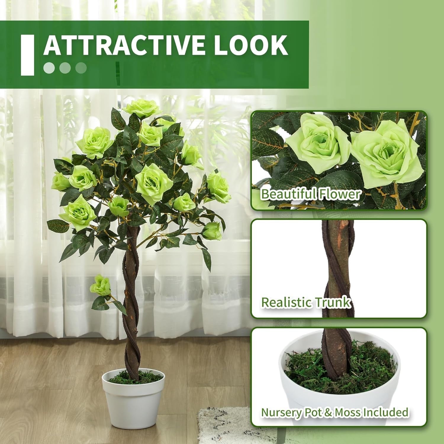 Set of 2 Artificial Rose Trees 90cm Green Faux Flower Plants Home Garden Decor