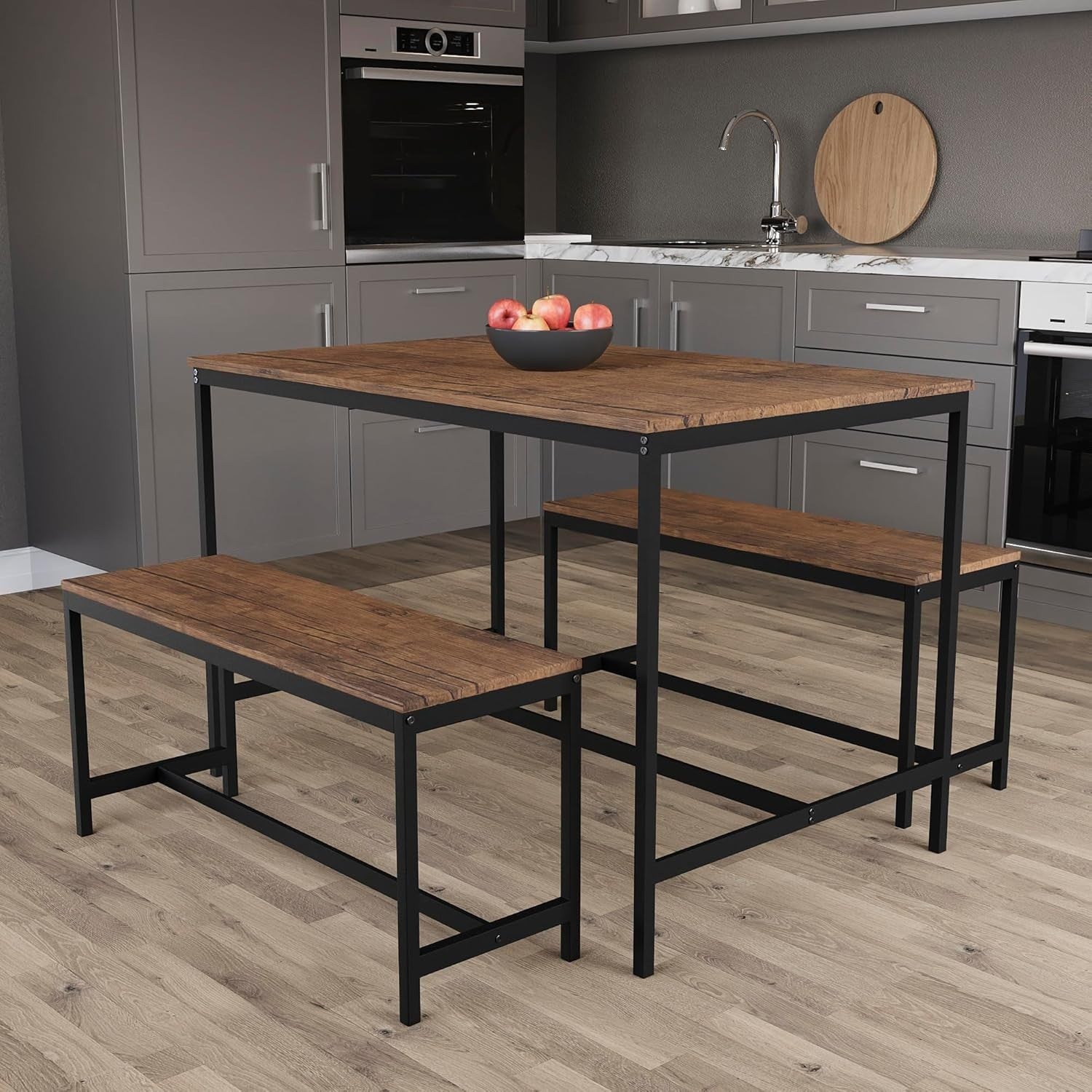 4 Seater Dining Table & Benches Set - Dark Wood Top, Metal Frame Compact