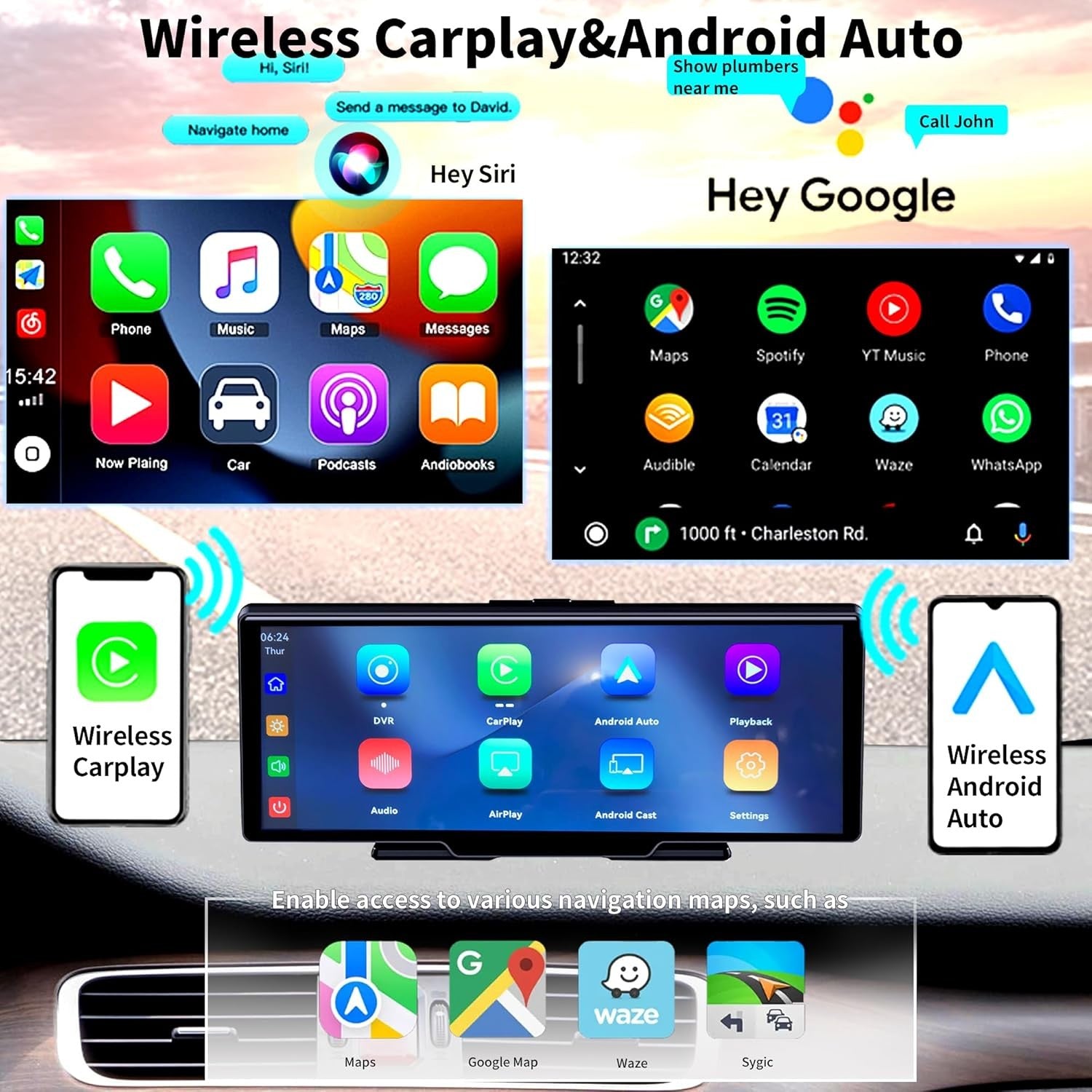 10.26" Portable Car Stereo Wireless CarPlay 4K Dash Cam GPS