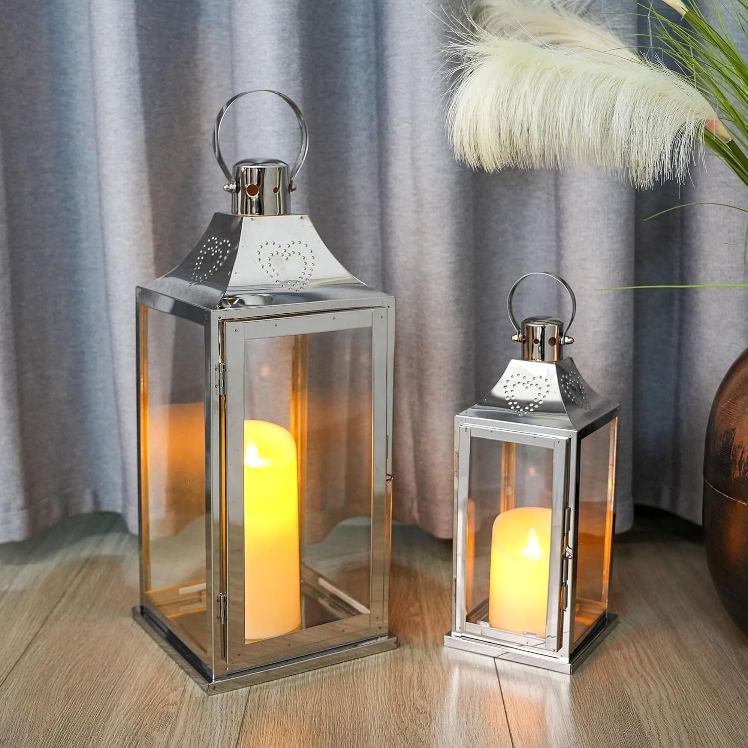 Set of 2 Silver Stainless Steel Candle Lanterns 43 cm & 30 cm