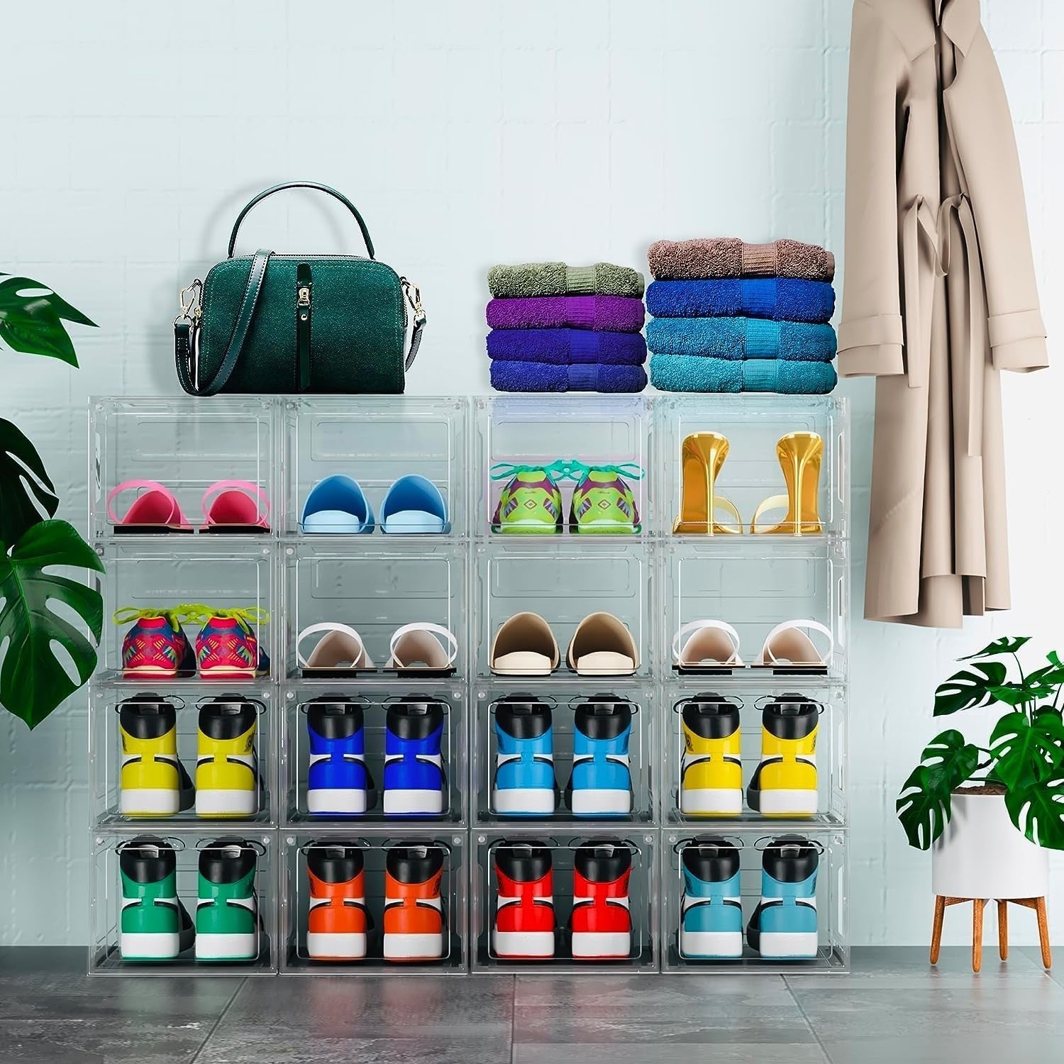 Clear Stackable Shoe Storage Boxes 14 Pack with Magnetic Doors, Fits UK 12.5