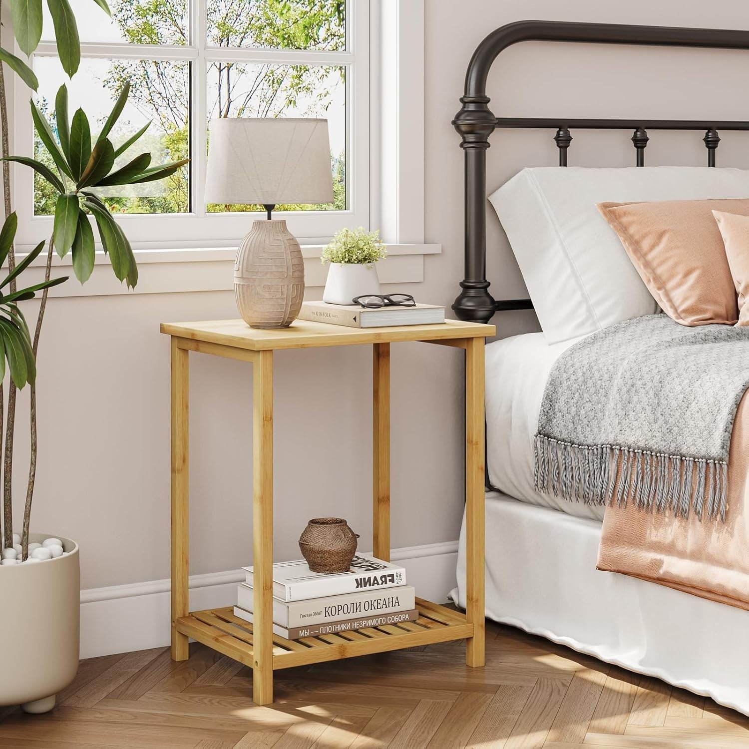 2-Tier Bamboo End Table, Narrow Nightstand, Space-Saving Sofa Side Table
