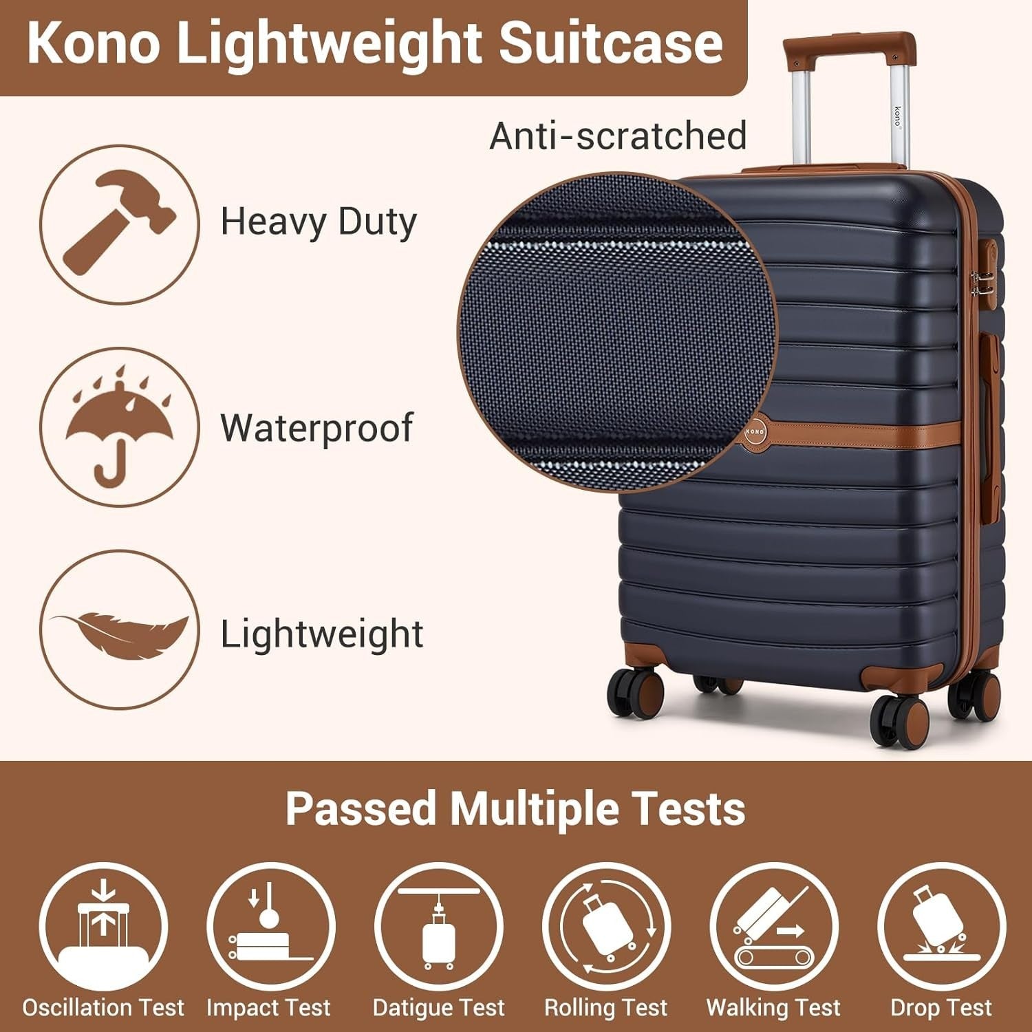 24'' Navy Brown Check In Suitcase ABS PC Hard Shell Spinner Wheels Lock