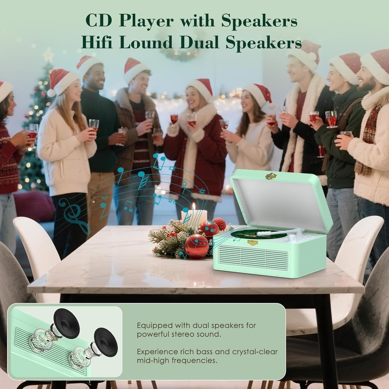 Retro Bluetooth CD Player FM Radio USB AUX HiFi Speakers Green PU
