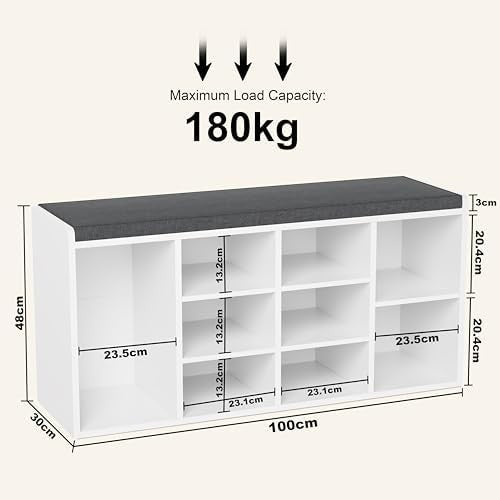 White Shoe Storage Bench with Cushion Seat 9 Cubes Adjustable Shelves Entryway