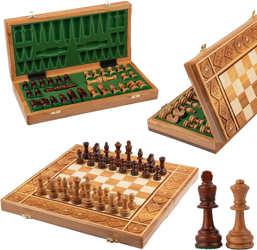 42cm Handcrafted Wooden Chess Set RUBY | Sculpted Pieces | Luxury Foldable Board