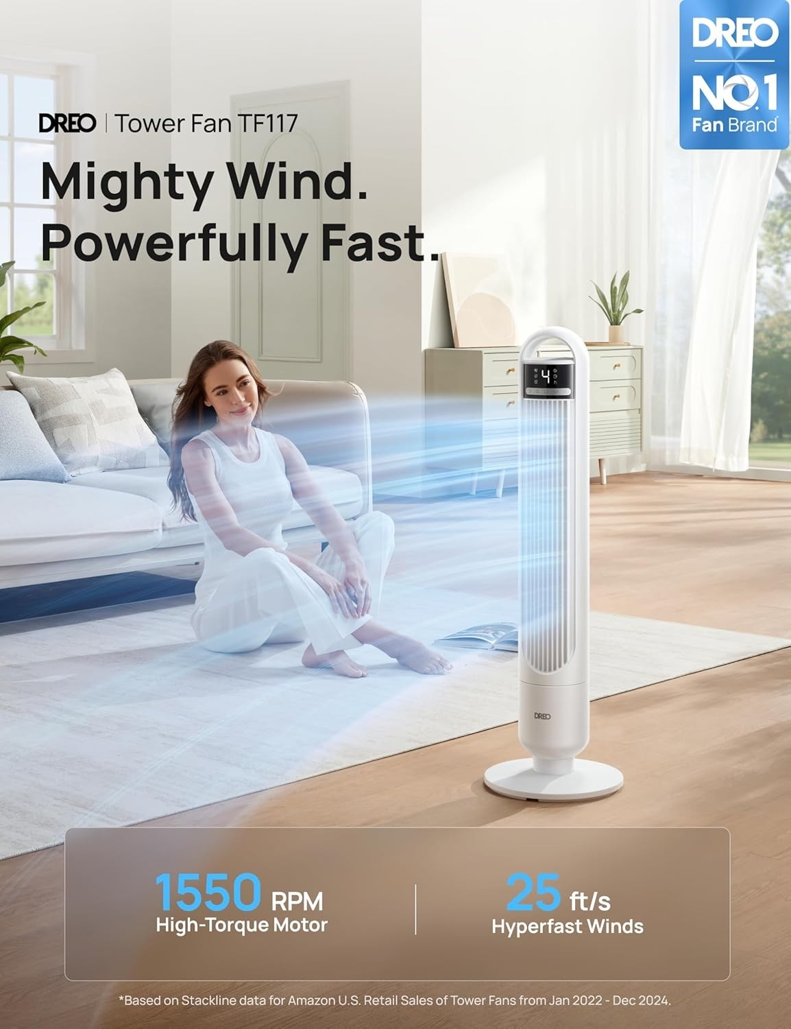 White 25ft Tower Fan Silent 28dB 90° Oscillating LED Display Remote Timer 6Speed