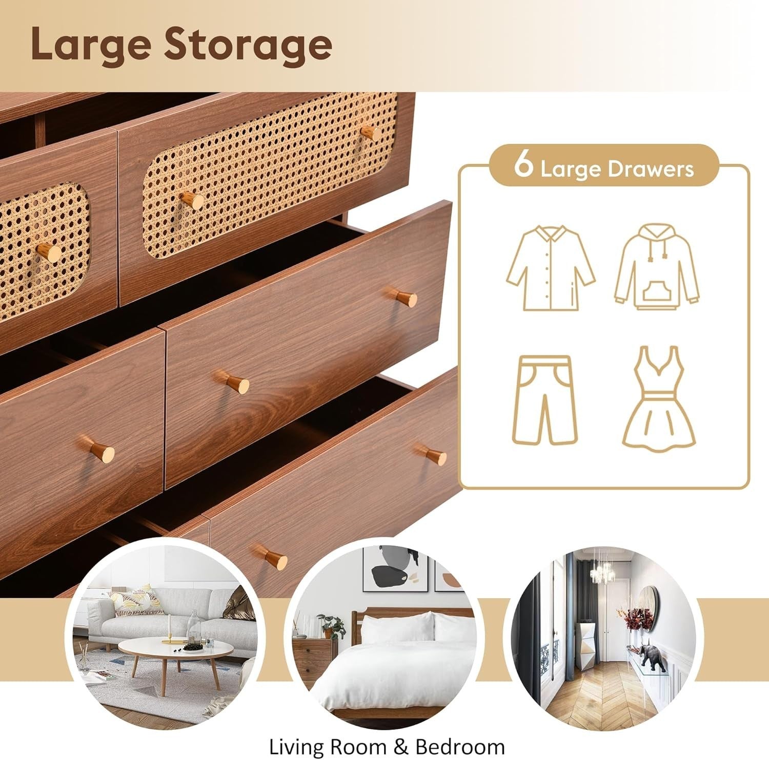 Walnut Rattan Sideboard Cabinet 6 Drawer Chest Storage Unit Modern