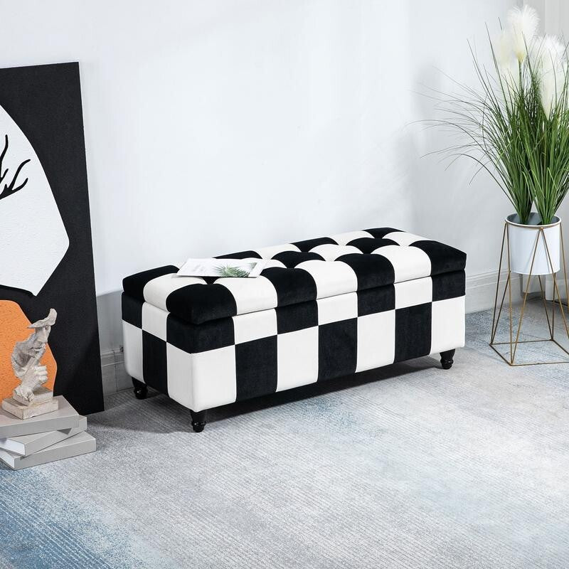 Black White Velvet Storage Ottoman Seat Box Toy Chest Bench w/ Lid & Legs