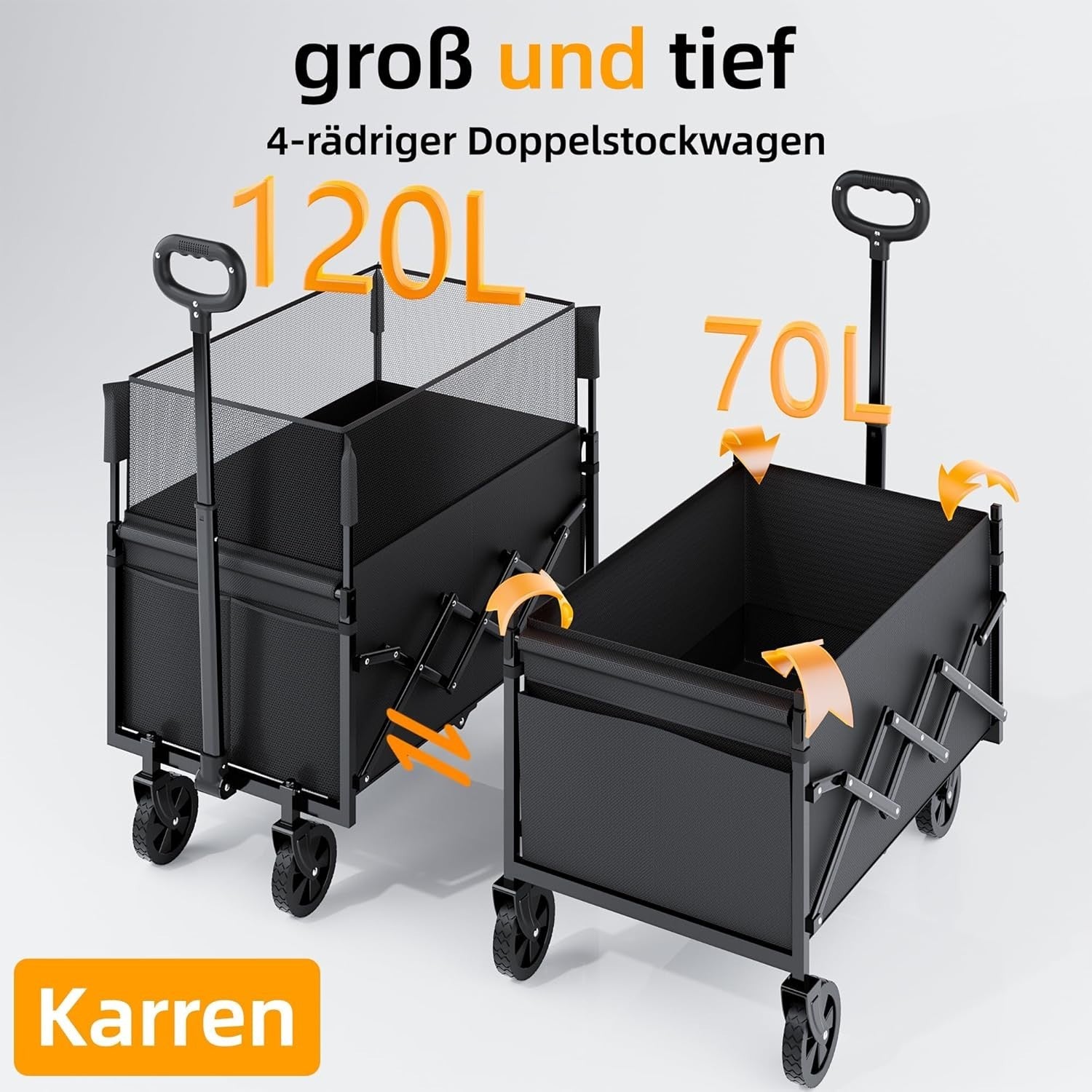 120L Folding Utility Wagon Cart Wheels Adjustable Handle Black