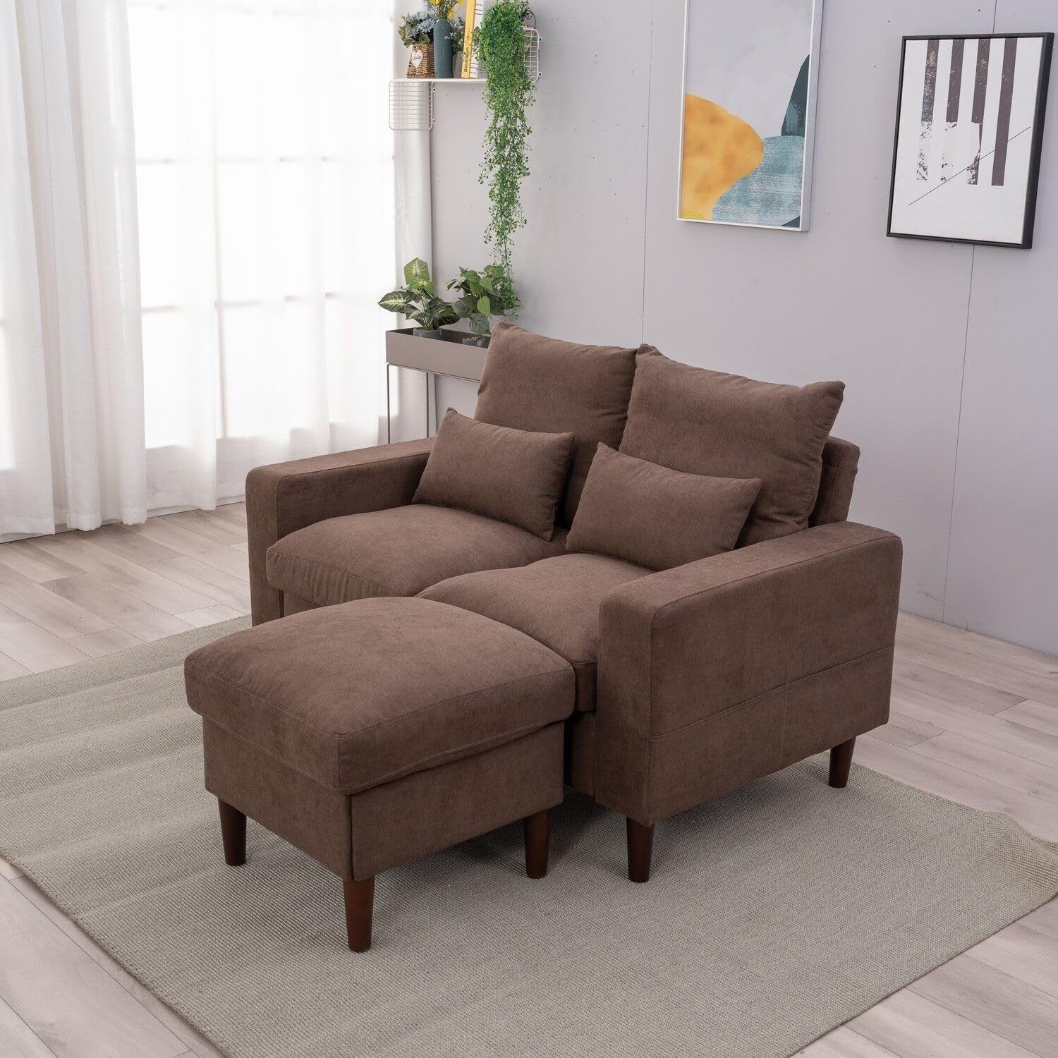 2 Seater Sofa Brown with Footstool Linen Fabric Small Couch + 2 Cushions