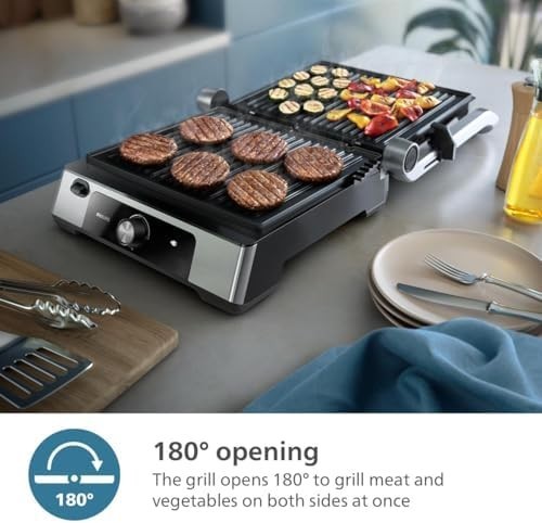 2200W Contact Grill Non-Stick Plates Adjustable Temp & Height Flat Open