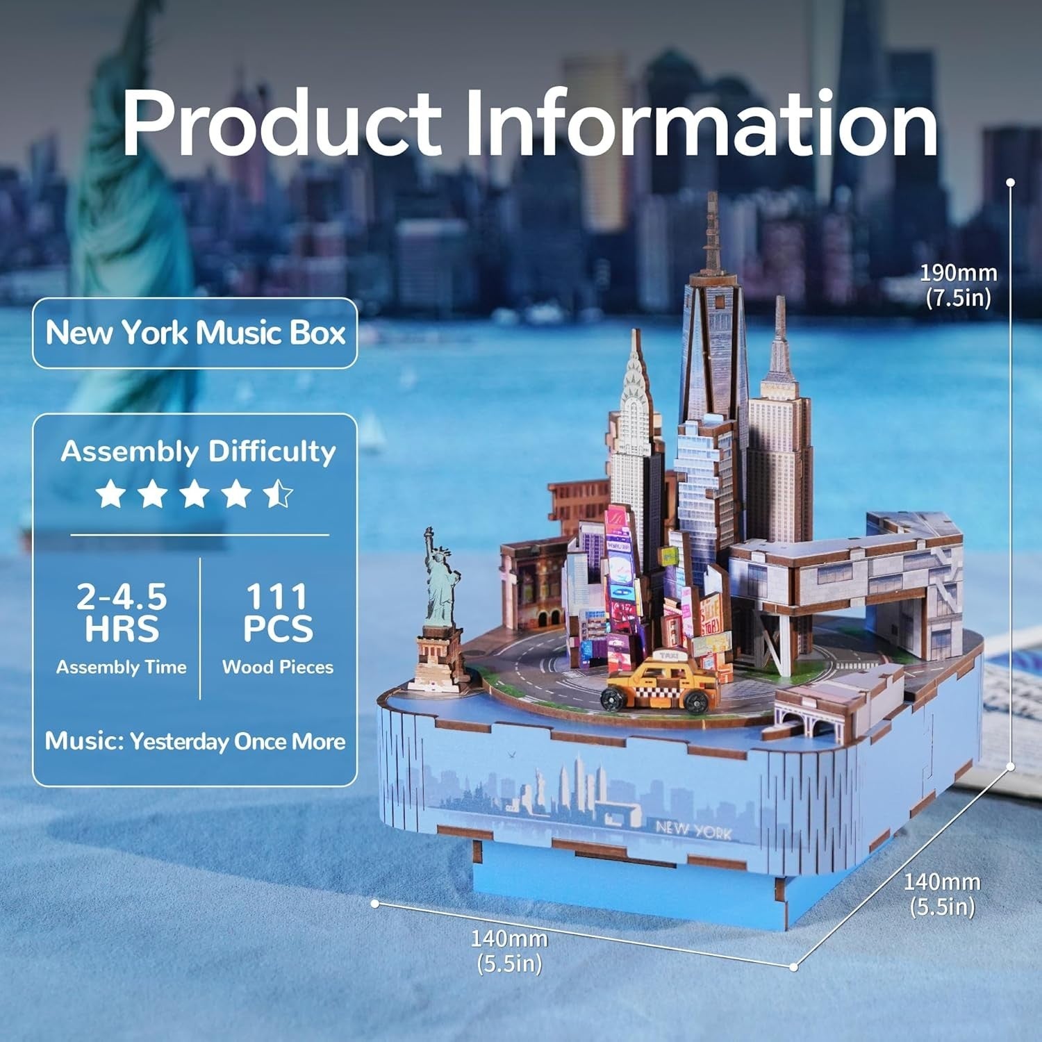 3D Wooden Puzzle Music Box Kit New York | DIY Gift, Rotates, 111 Pcs