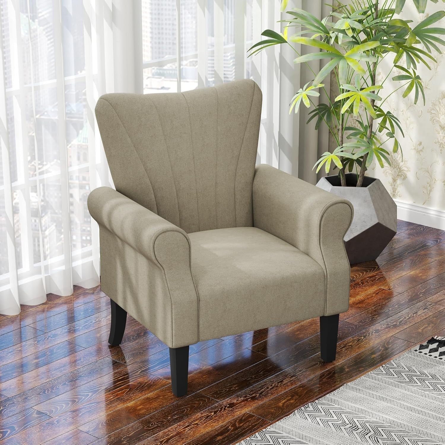 Beige Upholstered Accent Armchair with High Back & Rolled Arms, Living Room