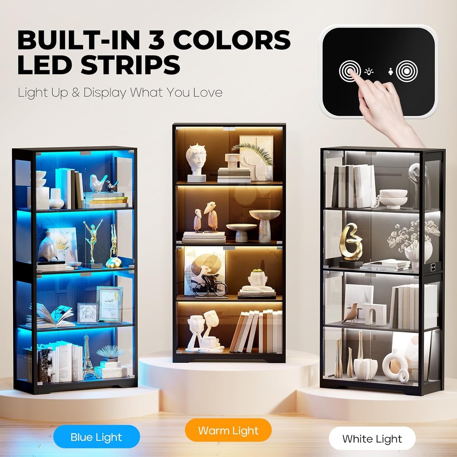 LED Display Cabinet with Glass Doors, Sensor Lighting, Tall Storage Shelf