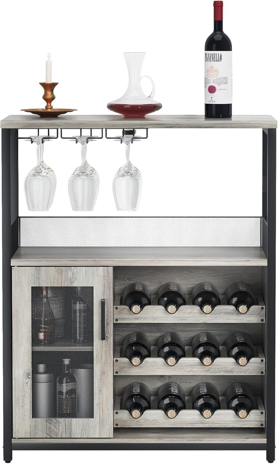 Modern 3-Tier Wine Bar Cabinet with Glass Holder & Storage Shelves for Kitchen