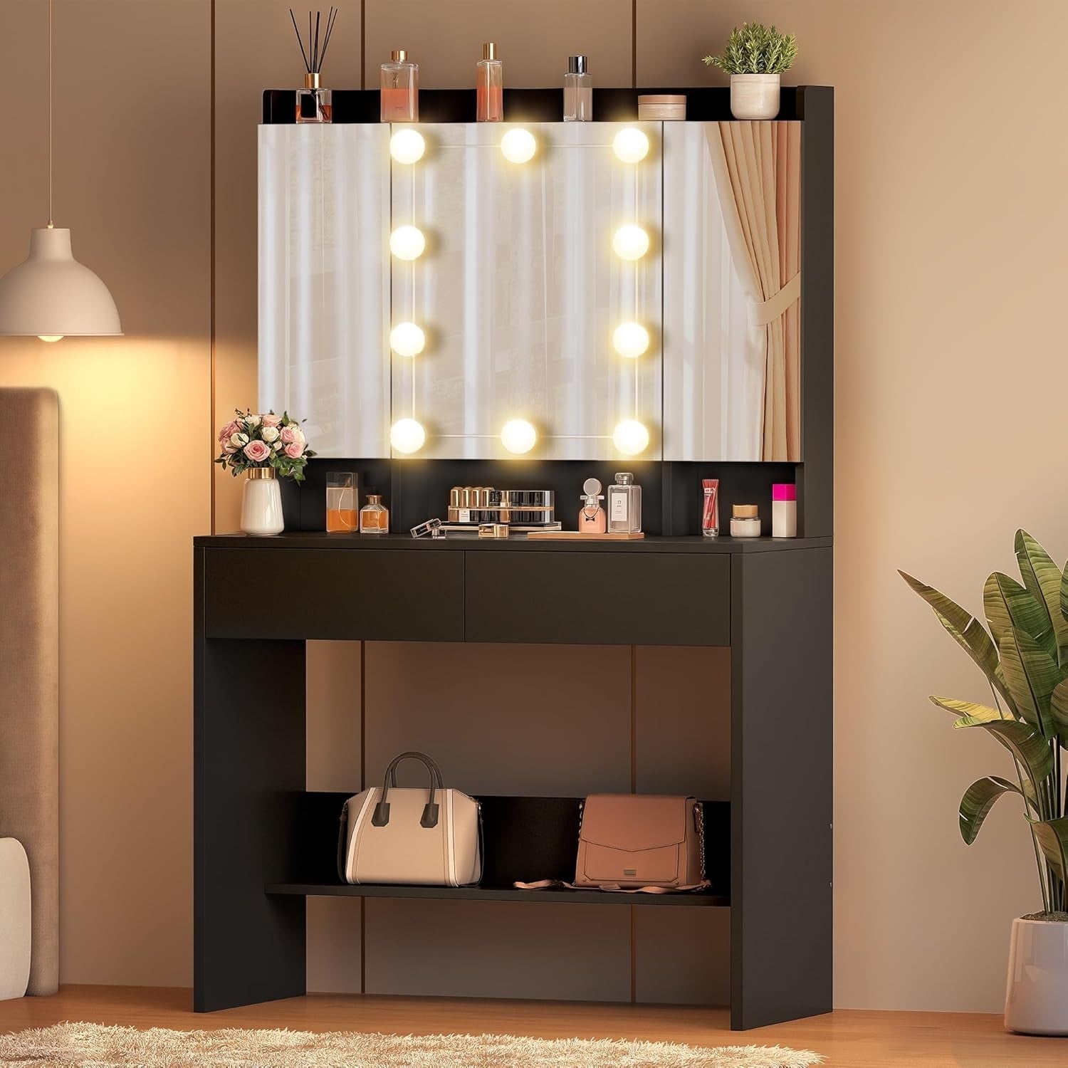 Black Dressing Table Vanity Set with 3 Mirrors, 9 LED Lights, 2 Drawers Storage