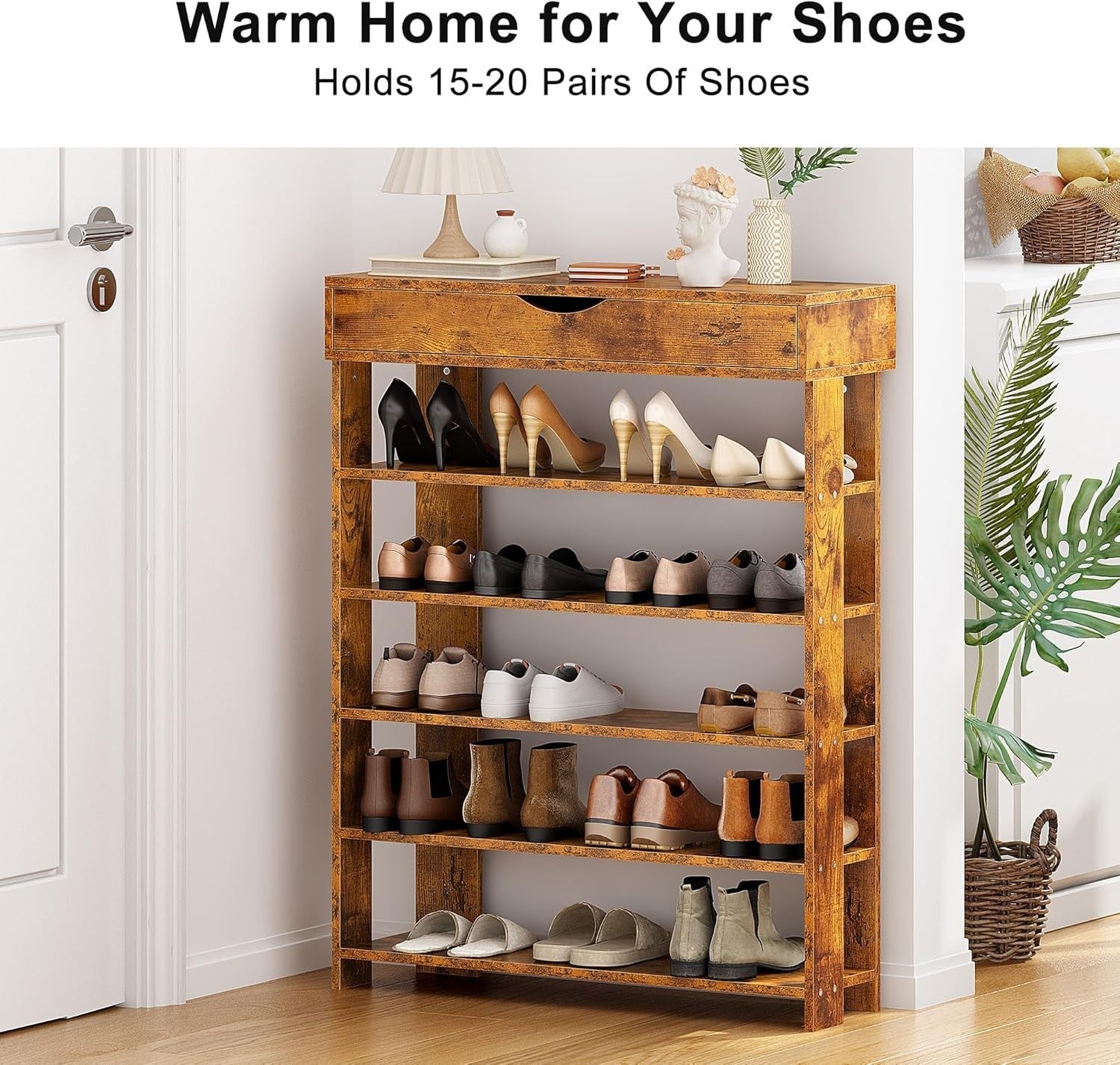 5-Tier Wooden Shoe Rack with Drawer, Space-Saving Storage Shelf 75x30x94cm