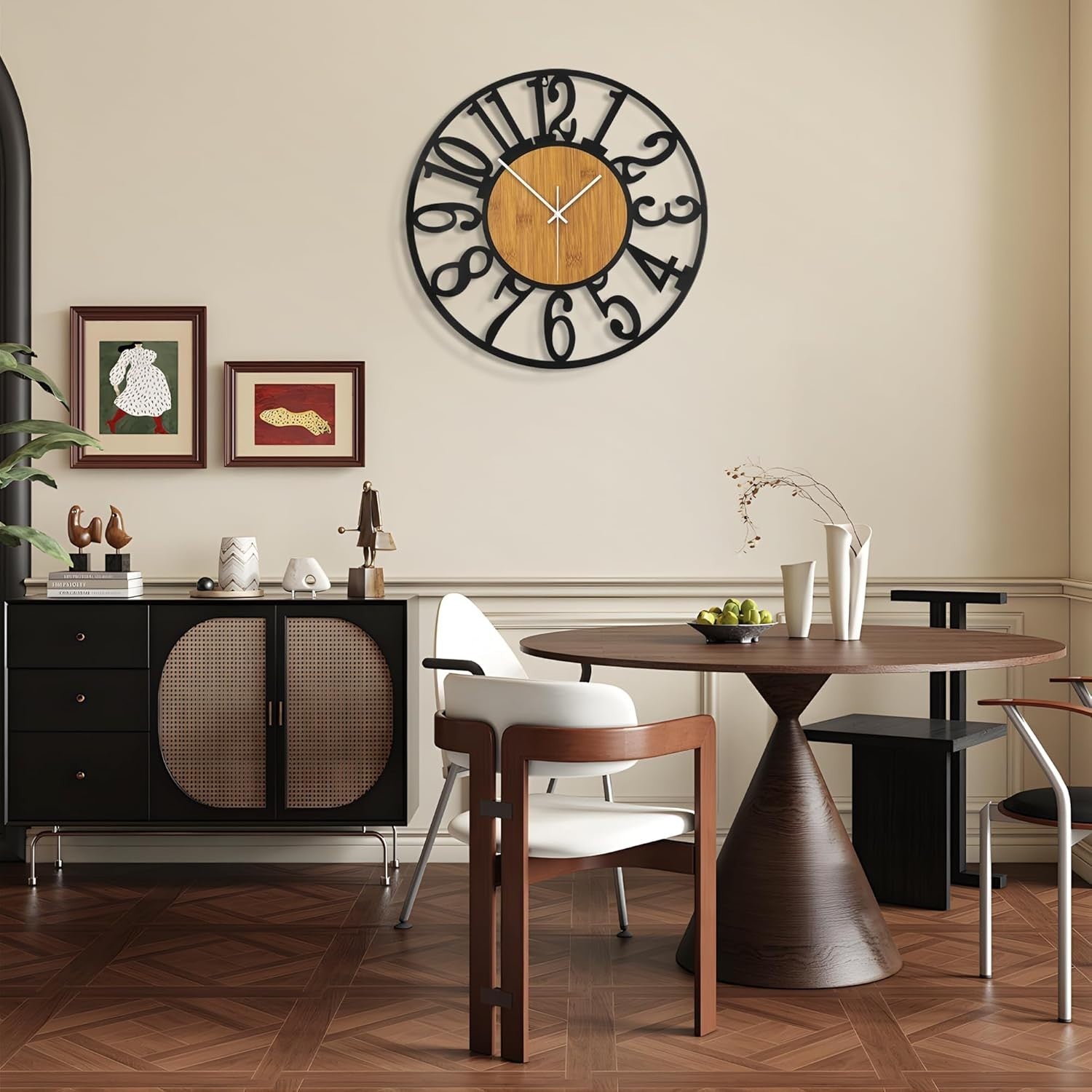 Large 32IN Silent Wall Clock - Modern Wooden Metal Decor, Battery Operated