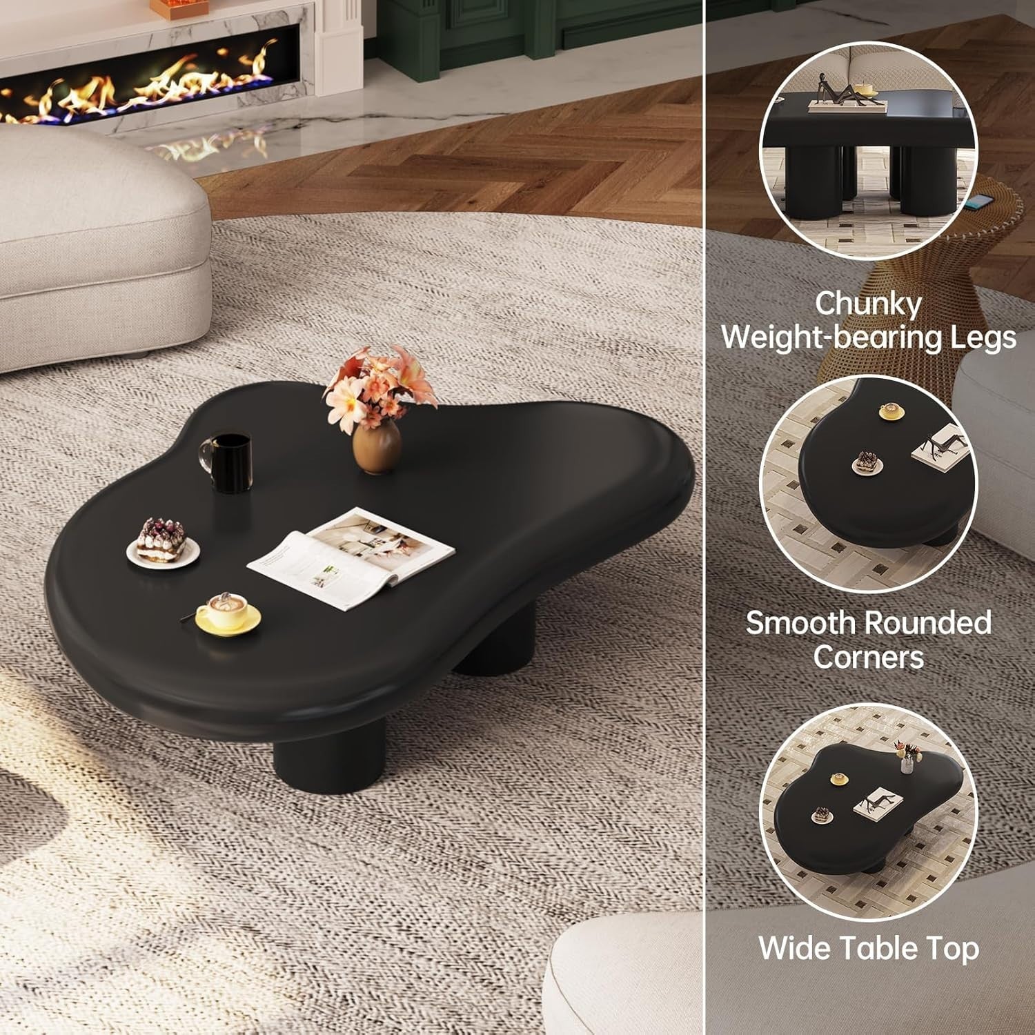 Modern Cloud-Shaped Coffee Table Thick Top Rounded Corners 63x91x39cm