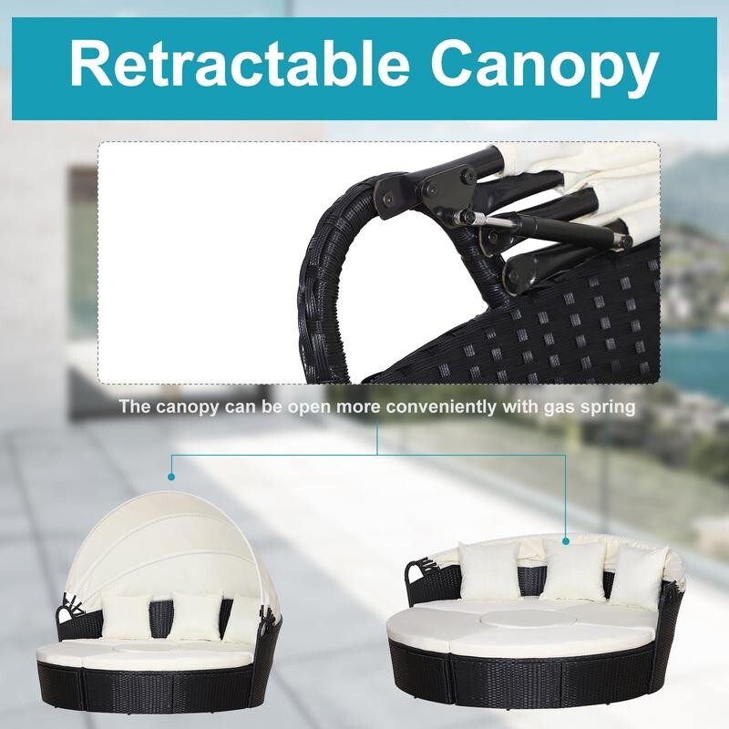 6 Seater Rattan Round Garden Sofa Bed Set with Canopy Table Cushions Black