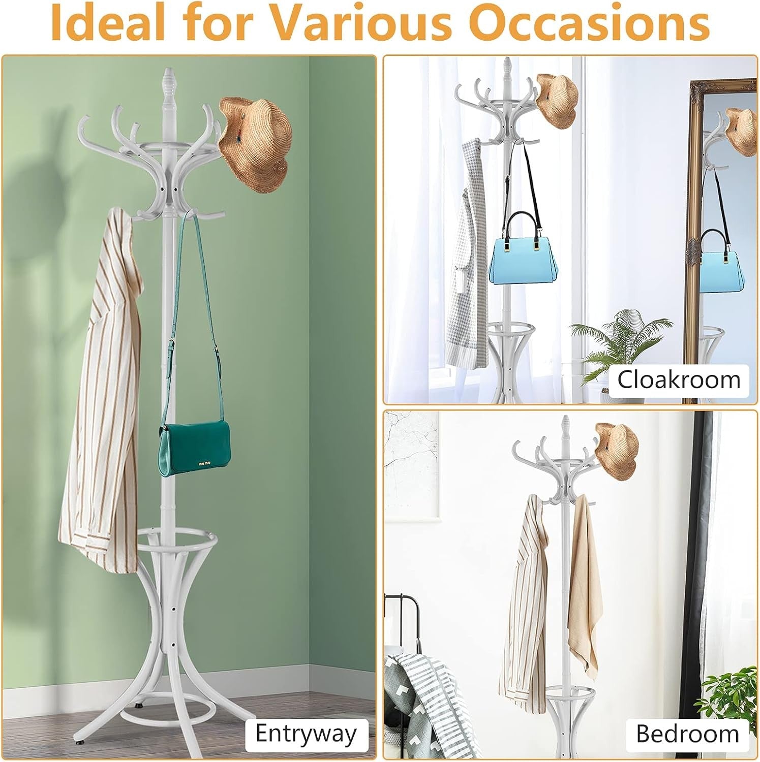 12 Hook Wooden Coat Rack with Umbrella Holder – Freestanding Grey Hall Tree Stan