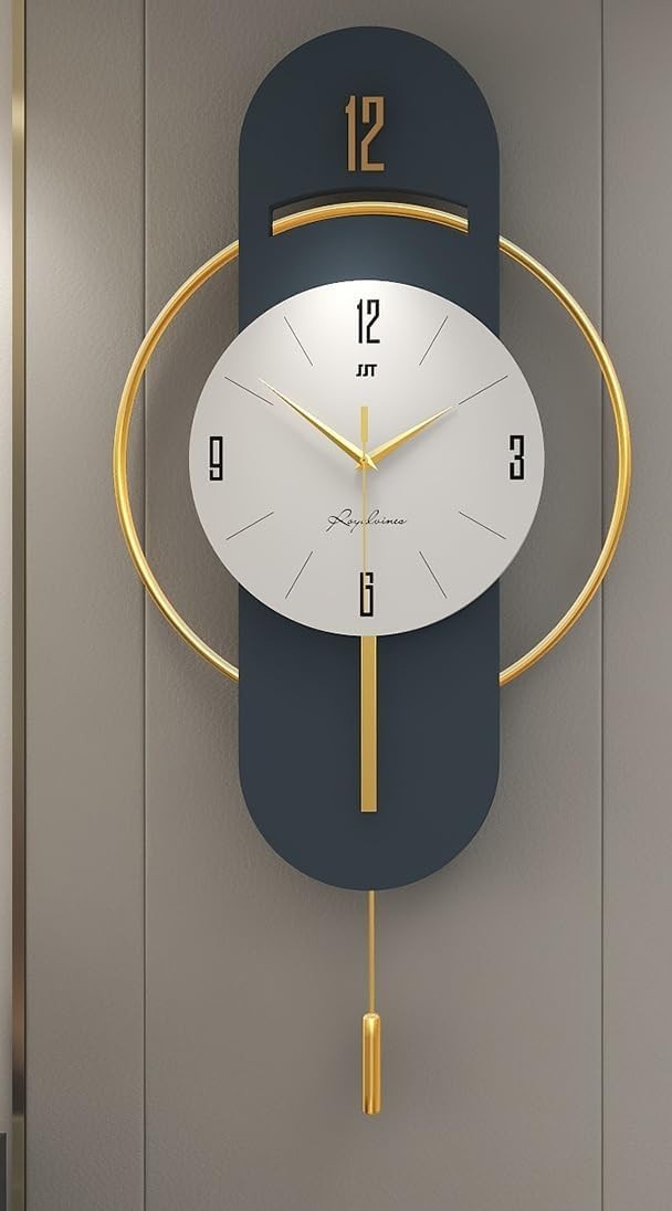 Luxury Silent Wall Clock Gold Blue 84cm Large Art Deco Pendulum Decor
