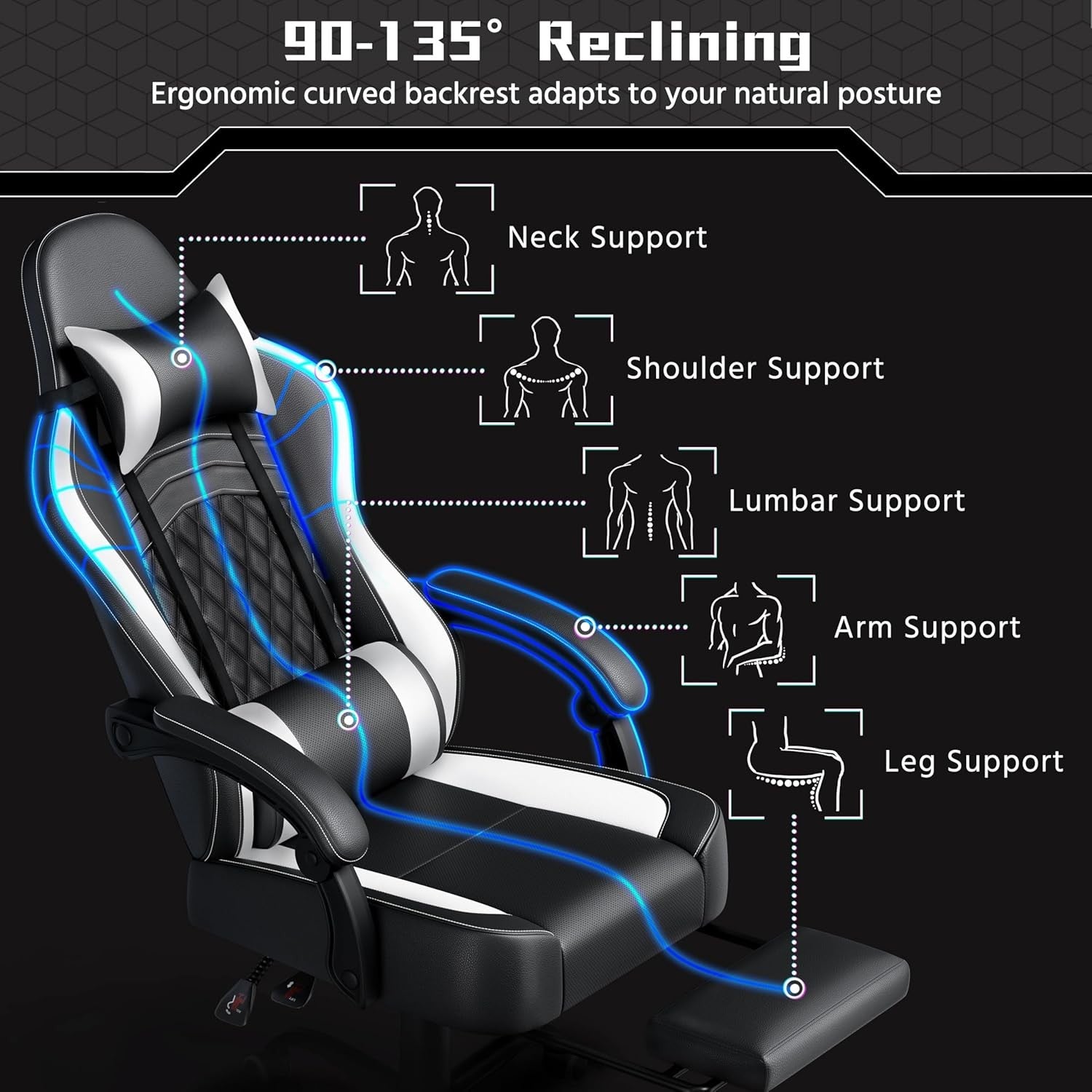 Ergonomic Gaming Chair with Footrest Massage Lumbar Support