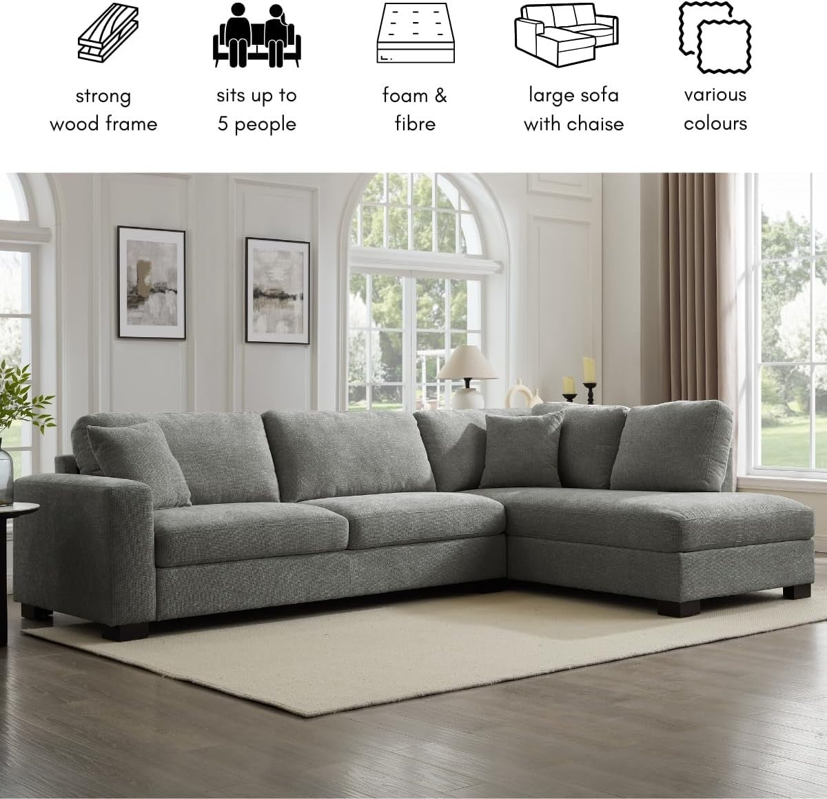 L-Shape Large Corner Sofa 5 Seater Grey Chenille Right Hand Facing
