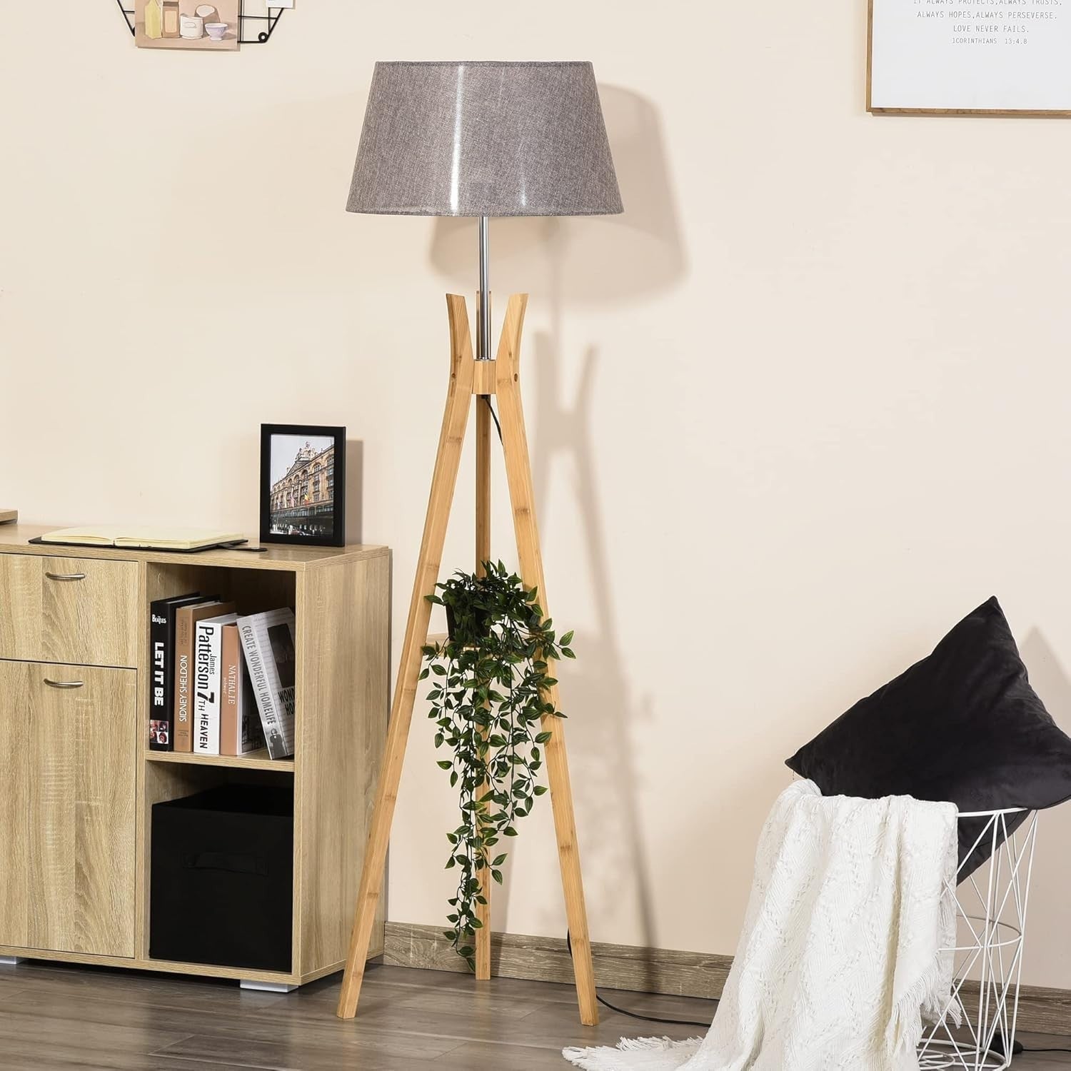 Wood Tripod Floor Lamp with Shelf E27 Grey Shade Tall Light for Living Room