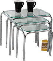3pc Nesting Side Tables Clear Tempered Glass Chrome Legs Modern Contemporary Set