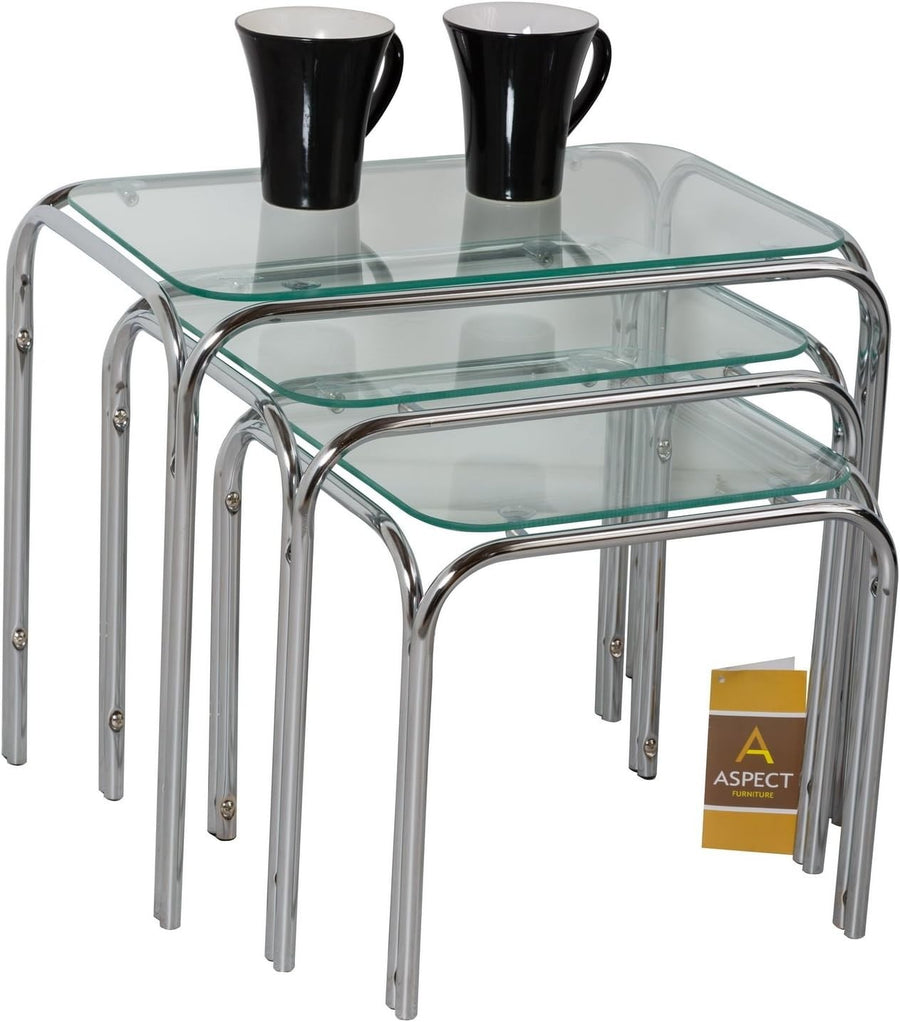 3pc Nesting Side Tables Clear Tempered Glass Chrome Legs Modern Contemporary Set