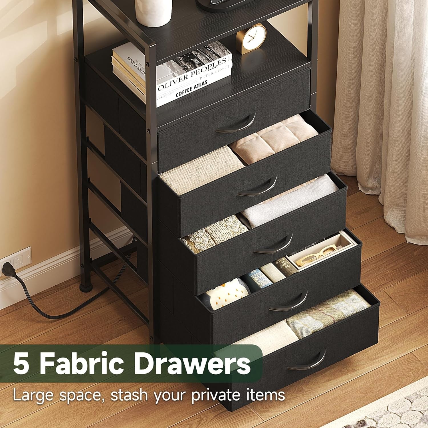 Tall Black LED Bedside Table with Charging Ports 5-Drawer Modern Storage Unit