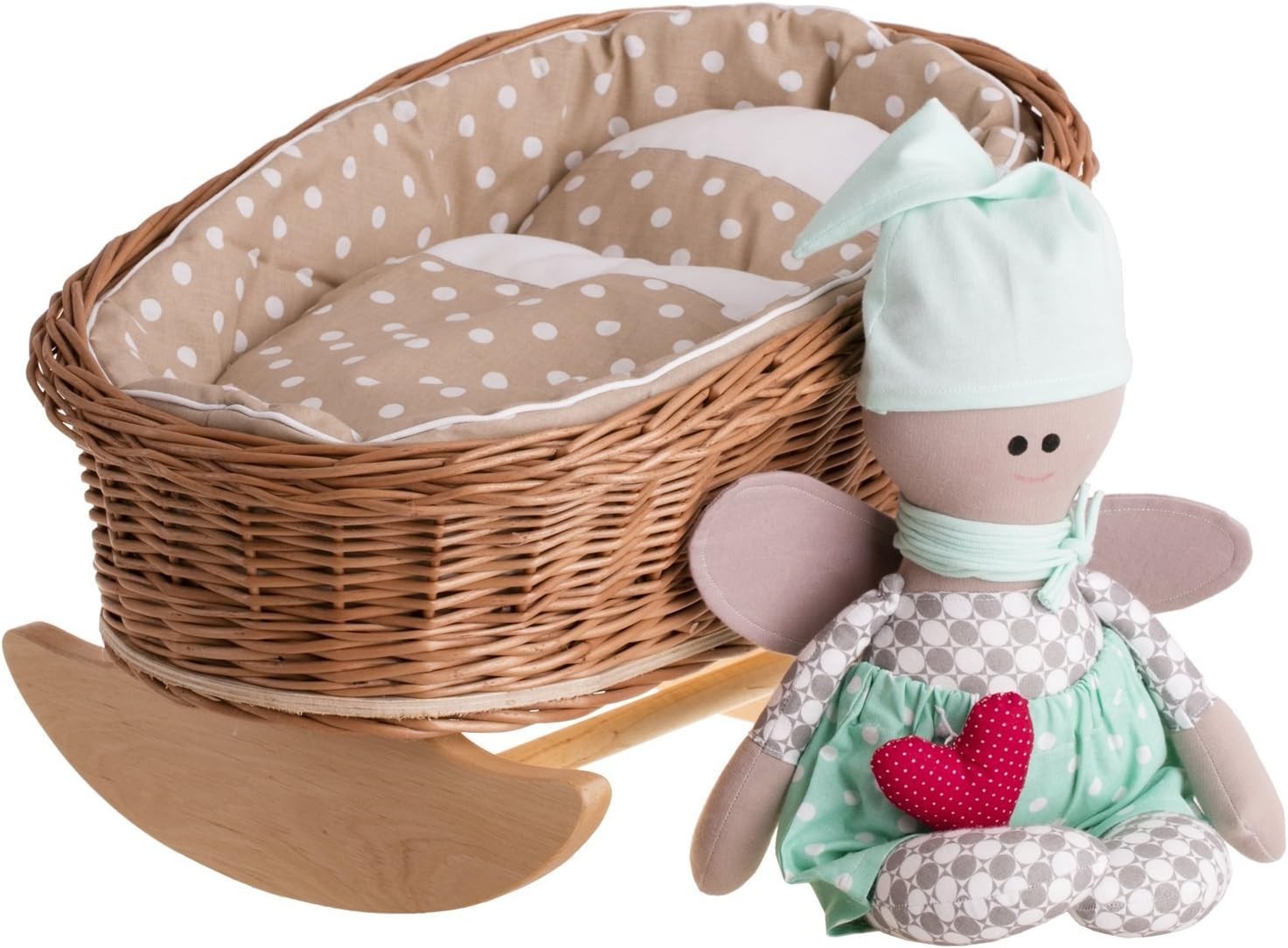 Wicker Doll Cradle Bed with Bedding Rocking Bassinet Vintage Style Toy Brown