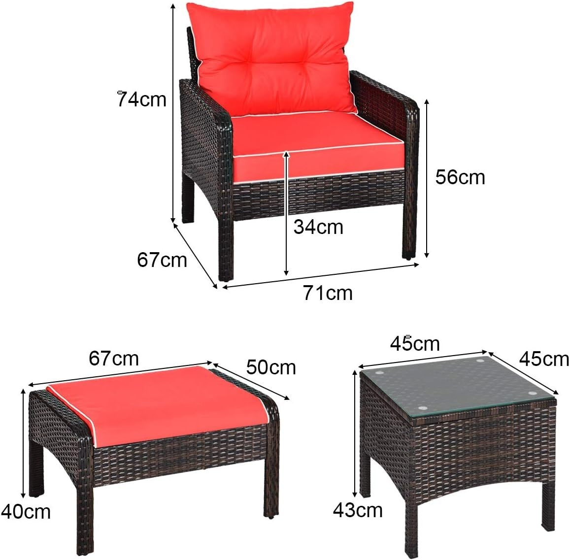 5PC Brown Red Outdoor Rattan Garden Sofa Set w/ Cushions & Glass Table
