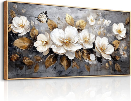 Golden Flowers Canvas Wall Art Framed 100x50 cm Large Floral Decor